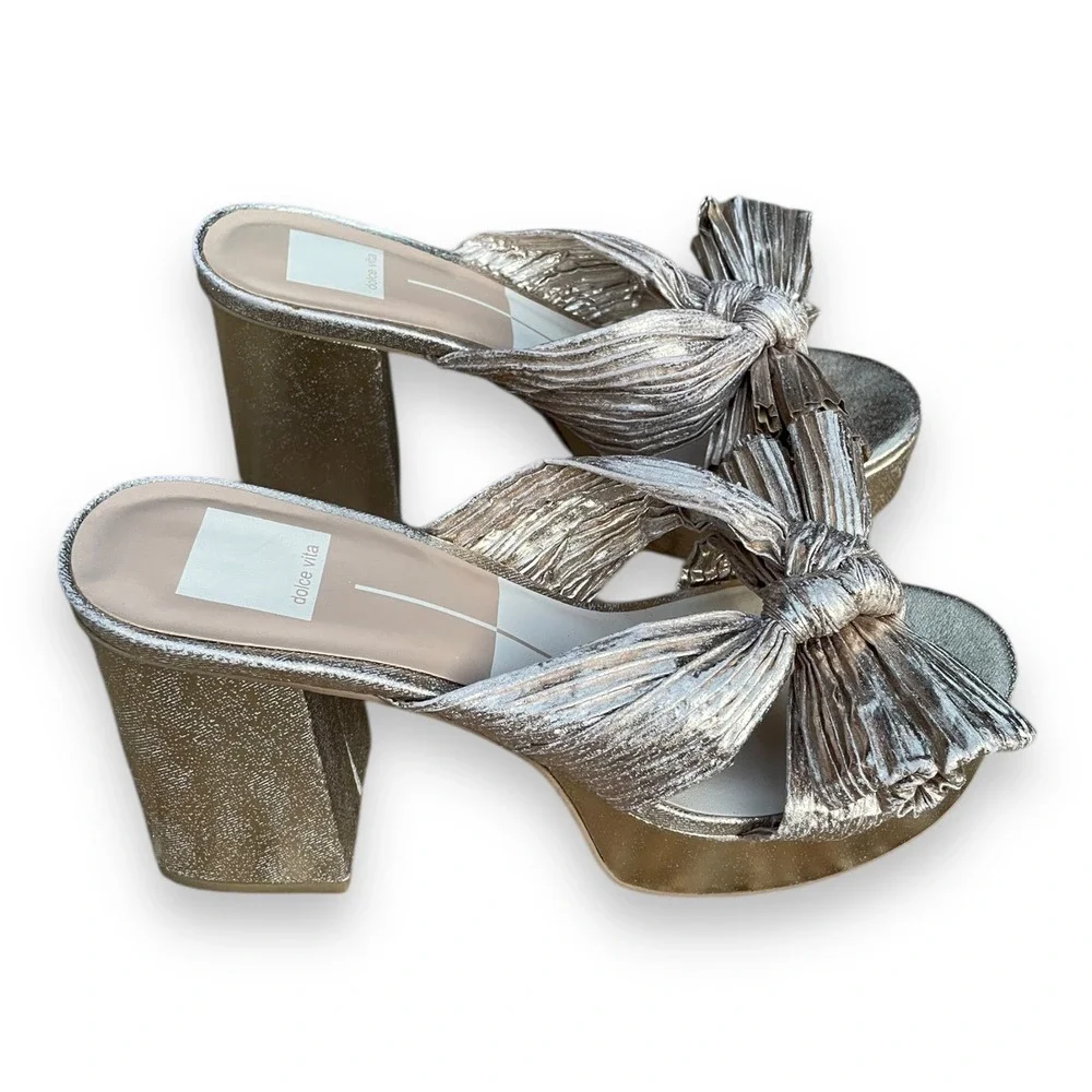 Dolce Vita Blare Gold Metallic Pleated Bow Platform Block Heel Sandals 8.5